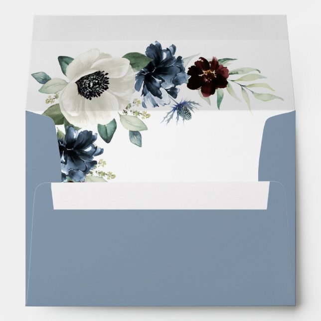 Anemone Dusty Blue Thistle Burgundy Floral Wedding Envelope (Back (Bottom))