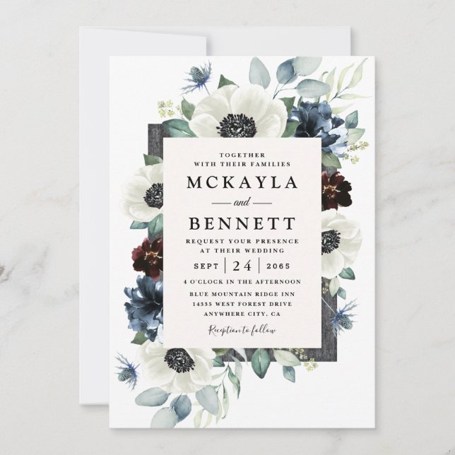 Anemone Dusty Blue Thistle Burgundy Floral Wedding Invitation (Front)