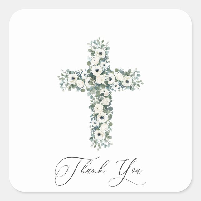 Anemone Eucalyptus cross Religious Thank You Square Sticker (Front)