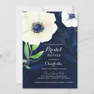 Anemone Floral Navy Blue Bridal Shower Invitation