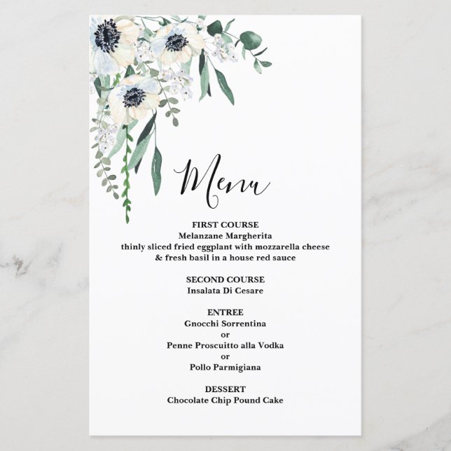 Anemone Floral Wedding Menu Card (Front)