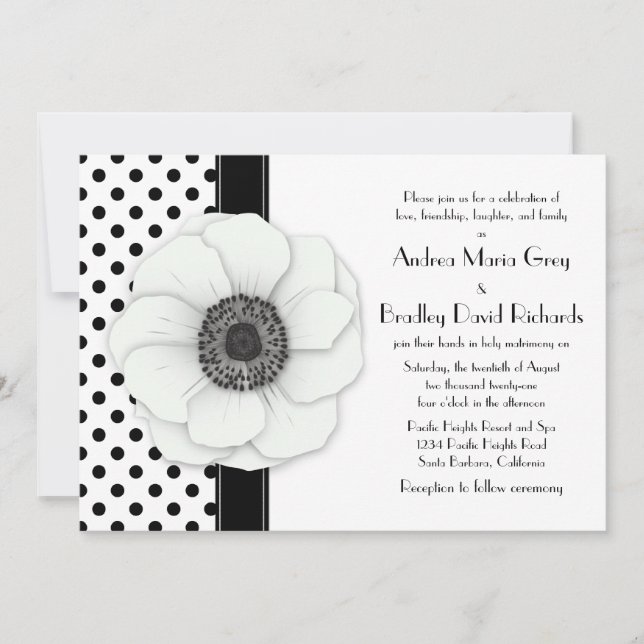 Anemone Flower Black White Polka Dot Wedding Invitation (Front)