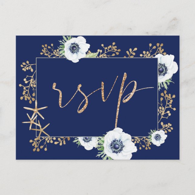 Anemone Flower Navy Blue Wedding Meal Choice RSVP Postcard (Front)