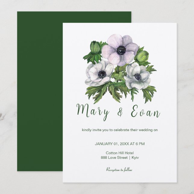 Anemone flowers are purple-grey wedding invitation (Front/Back)