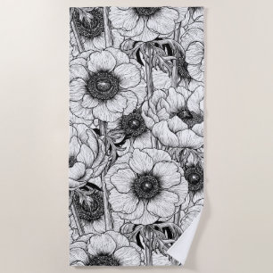 Anemone garden in black and white beach towel