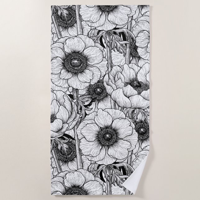 Anemone garden in black and white beach towel (Front)