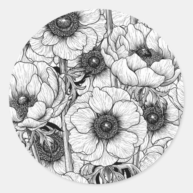 Anemone garden in black and white classic round sticker (Front)