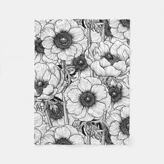 Anemone garden in black and white fleece blanket (Front)