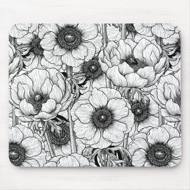 Anemone garden in black and white mouse mat (Front)