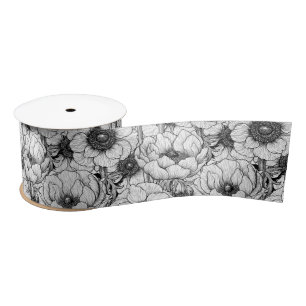 Anemone garden in black and white satin ribbon