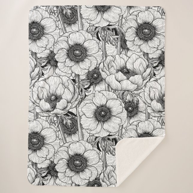 Anemone garden in black and white sherpa blanket (Front)