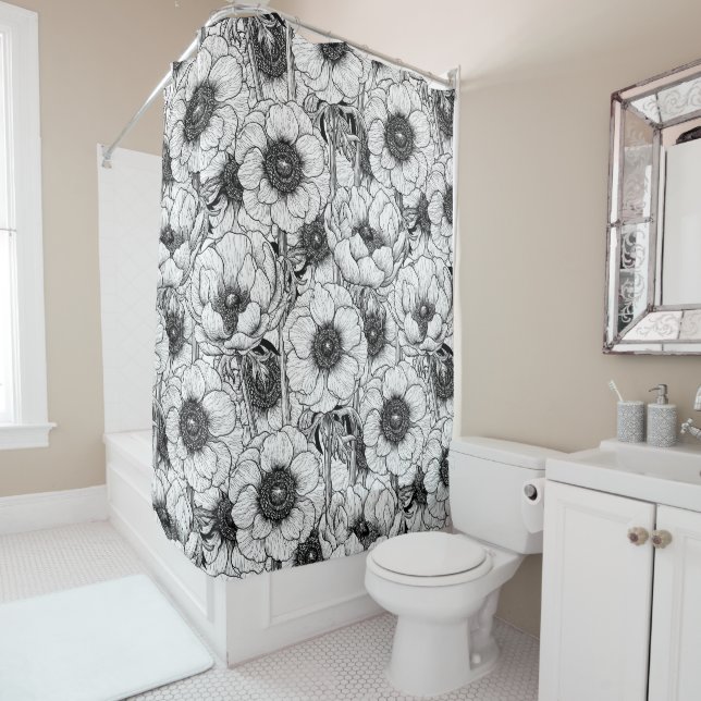 Anemone garden in black and white shower curtain (In Situ)
