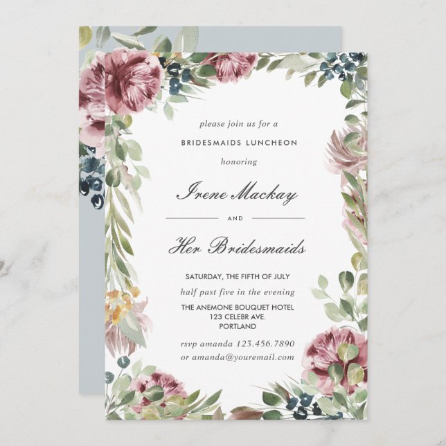 Anemone Grey Blue Botanical  BRIDESMAIDS LUNCHEON Invitation (Front/Back)