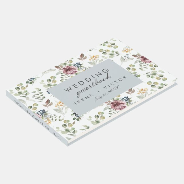 Anemone Grey Blue Wedding Personalised Flower Guest Book (Corner)