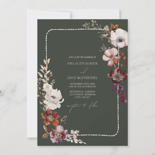 Anemone Hand Drawn Scalloped Border Green Wedding Invitation (Front)