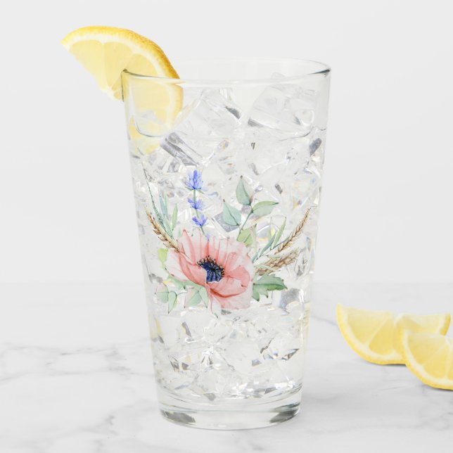 Anemone, Lavender, and Wheat Bouquet Glass Tumbler (Front Ice)