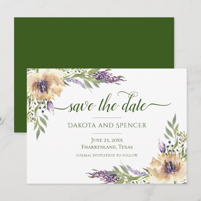 Anemone Lavender Purple Cream Boho Greenery Floral Save The Date (Front/Back)