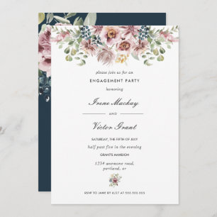 Anemone Navy Blue Botanical  Engagement Party Invitation