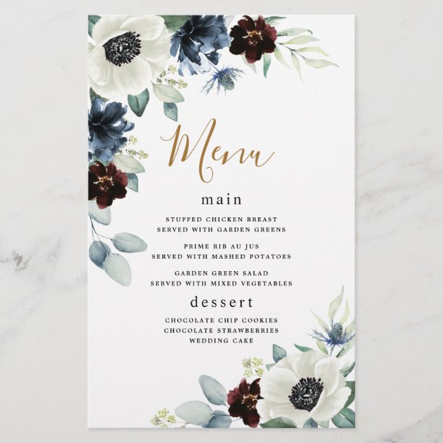 Anemone Navy Blue Burgundy Boho Wedding Menu Cards (Front)