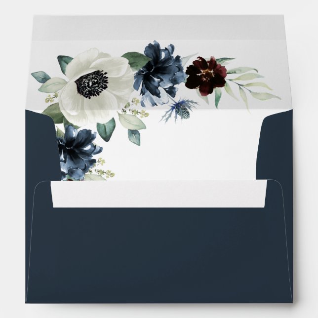 Anemone Navy Blue Thistle Burgundy Floral Wedding Envelope (Back (Bottom))