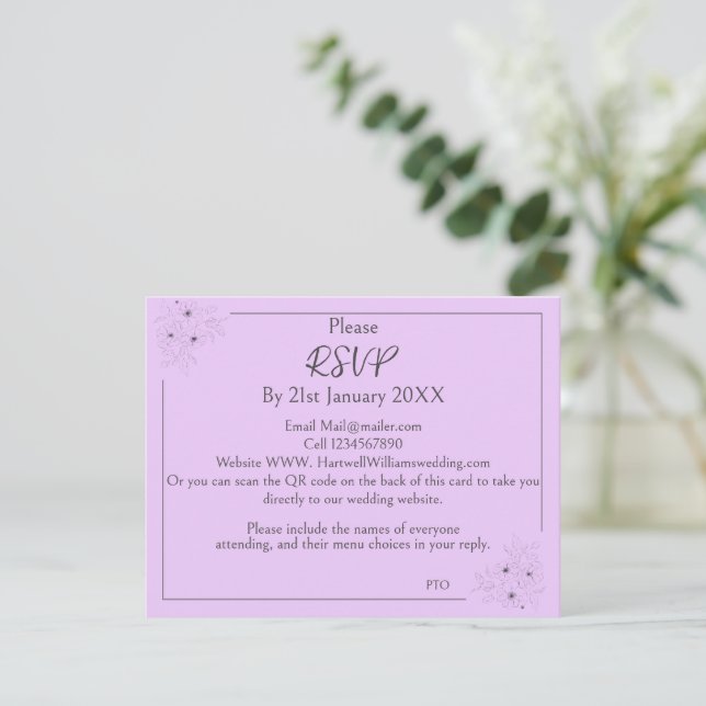 Anemone on Light Lilac RSVP With QR Code Enclosure Card (Standing Front)