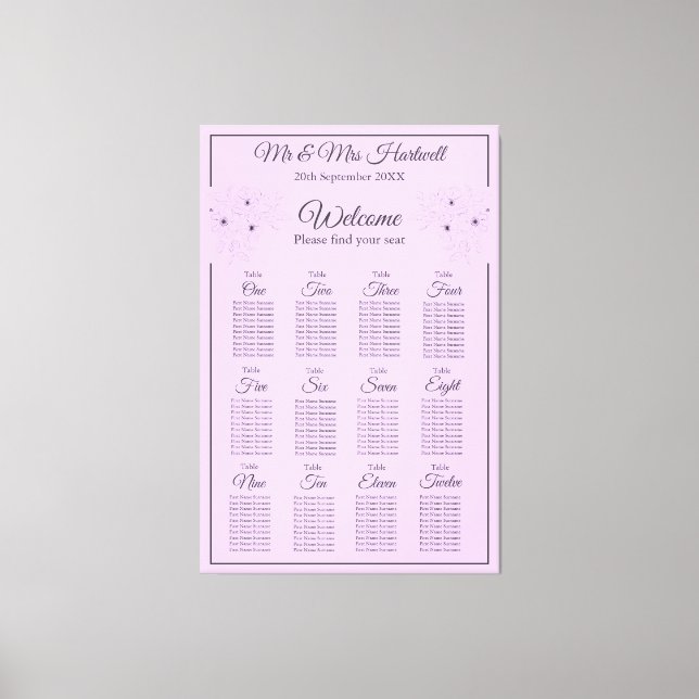 Anemone on Light Lilac Seating Chart~ 12 Seats Canvas Print (Front)