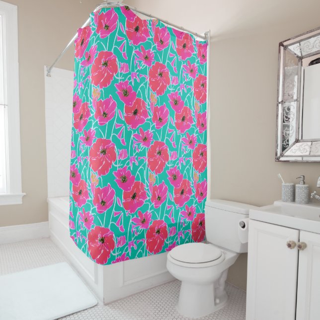 Anemone Painting Pattern Pink & Aqua Floral  Shower Curtain (In Situ)