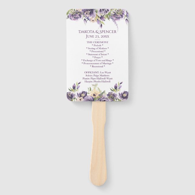 Anemone Purple Rose Floral Boho Wedding Ceremony Hand Fan (Front)