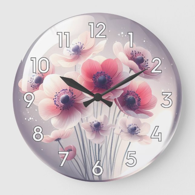 Anemone Red White Flowers Large Clock (Front)