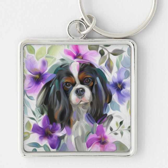 'Anemone' Tricolor cavalier dog art keychain (Front)