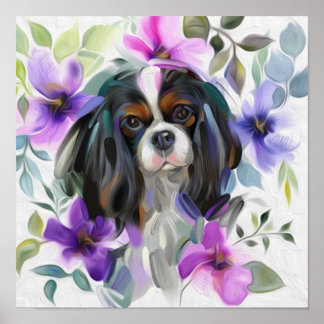 'Anemone' Tricolor cavalier dog art print (Front)