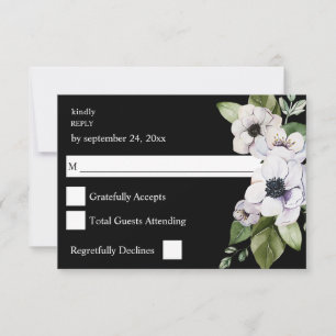 Anemone White Floral no Meal RSVP - Black Card