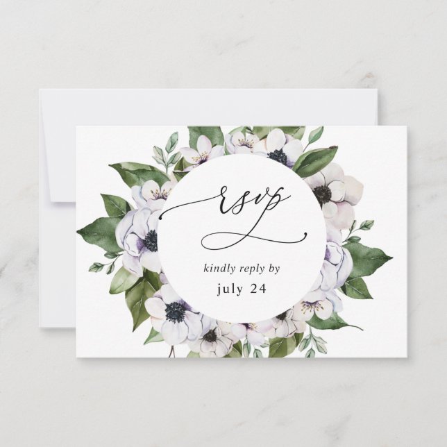 Anemone White Floral w Meal RSVP Card (Front)