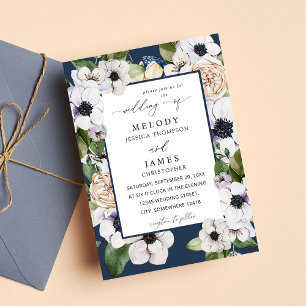 Anemone White Floral Wedding - Blue Invitation