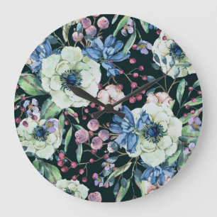 Anemone Wildflowers: Vintage Watercolor Pattern Large Clock