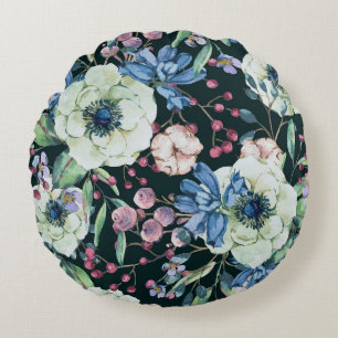 Anemone Wildflowers: Vintage Watercolor Pattern Round Cushion