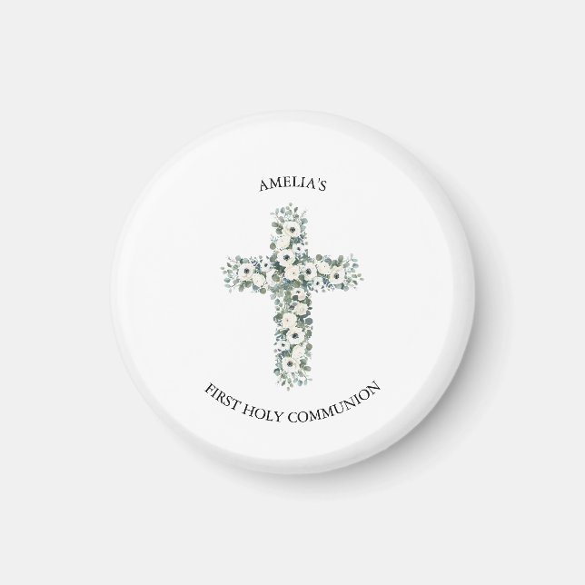 Anemones and Eucalyptus cross First Holy Communion Magnet (Front)
