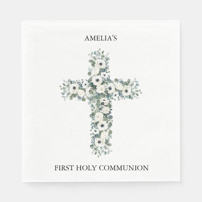 Anemones and Eucalyptus cross First Holy Communion Napkin (Front)