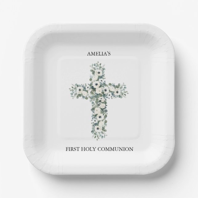 Anemones and Eucalyptus cross First Holy Communion Paper Plate (Front)