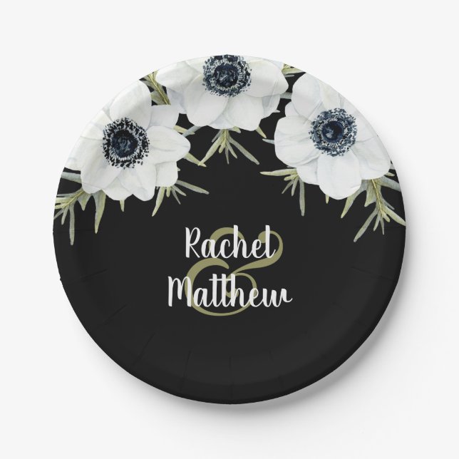 Anemones Black and White Floral Wedding Paper Plate (Front)