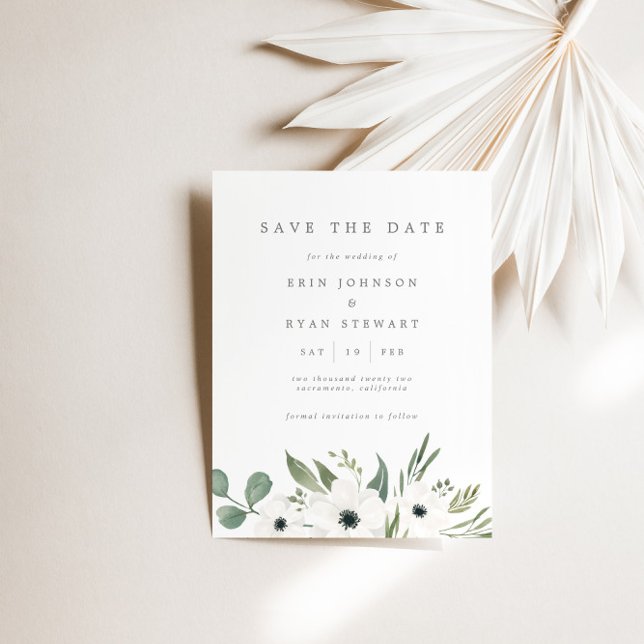 Anemones & Dusty Eucalyptus Save the Date Card (Creator Uploaded)