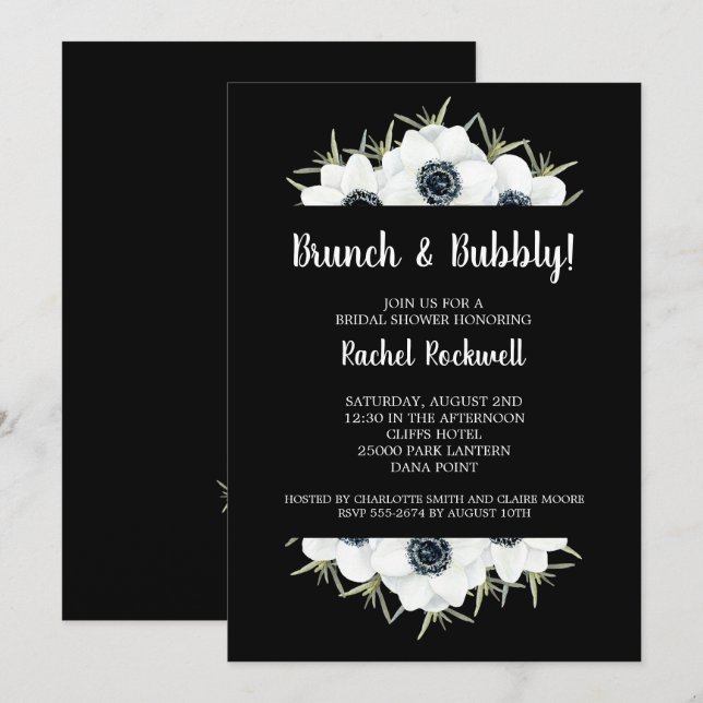 Anemones Floral Black White Bridal Shower Invitation (Front/Back)