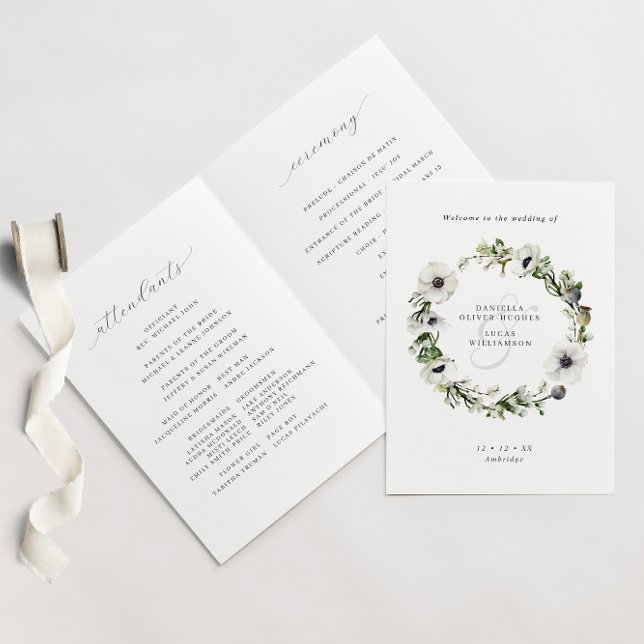 Anemones Floral Wreath Winter Folded Wedding Programme (Creator Uploaded)