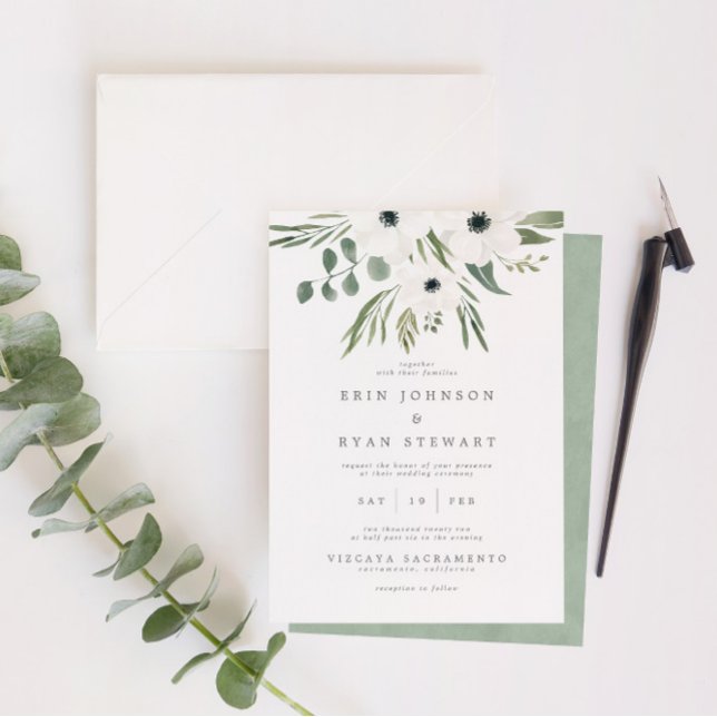 Anemones Sage & Dusty Green Eucalyptus Wedding Invitation (Creator Uploaded)