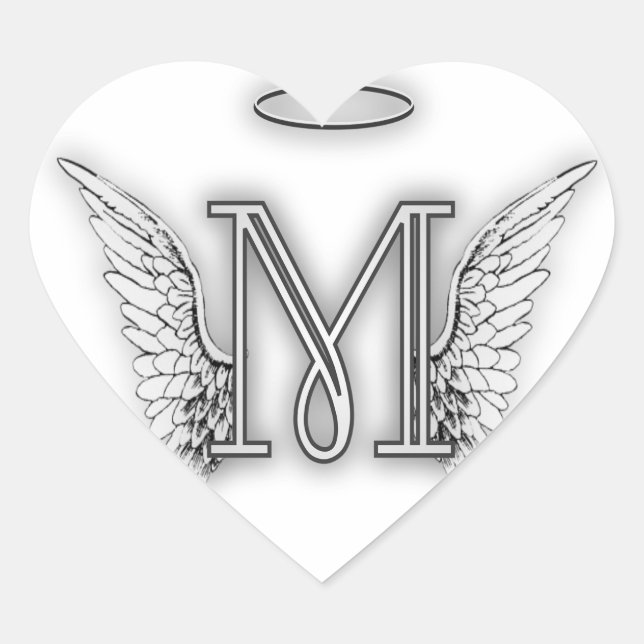 Angel Alphabet M Initial Letter Wings Halo Heart Sticker (Front)