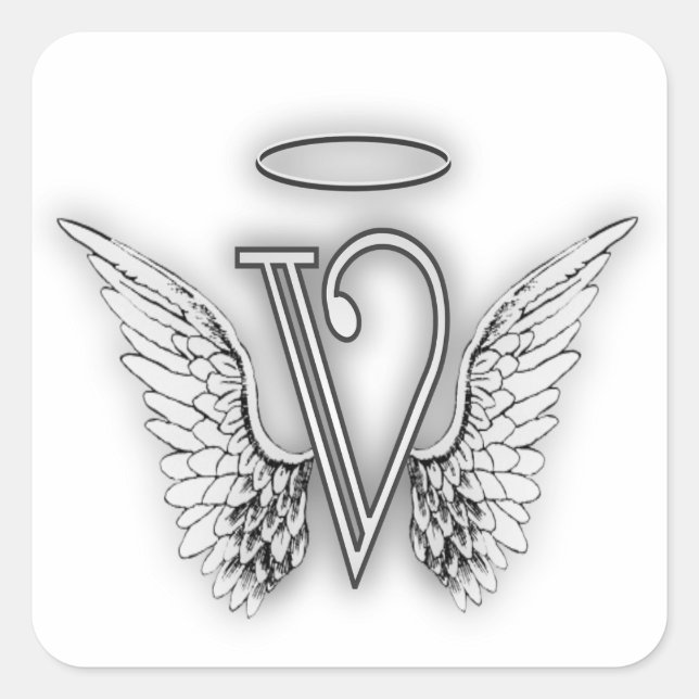 Angel Alphabet V Initial Letter Wings Halo Square Sticker (Front)