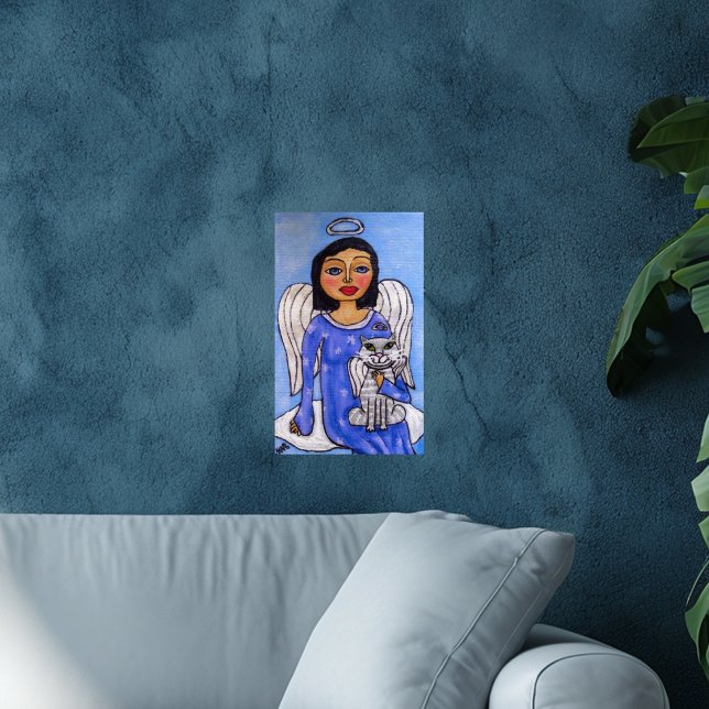 Angel and Cat  On A Cloud Poster (Angel blue dress on cloud holding white angel cat on sky blue art wall poster.)