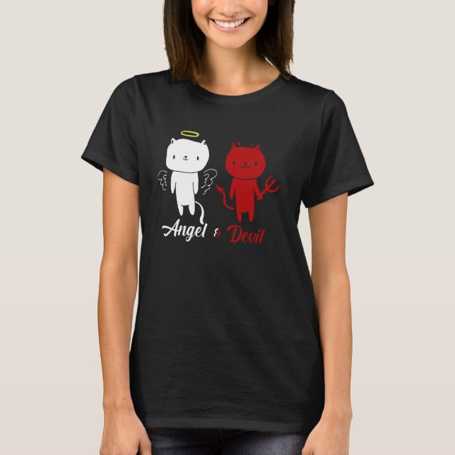 Angel and Devil Cat Design T-Shirt (Front)