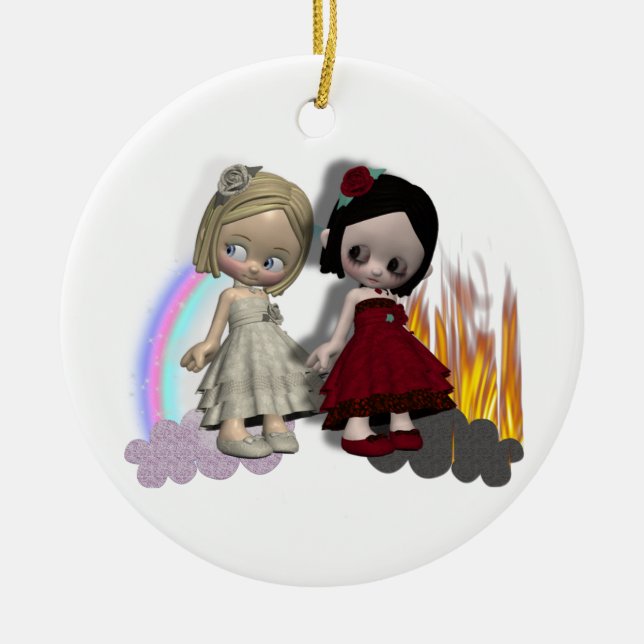 angel and devil cutie girls ceramic tree decoration (Front)