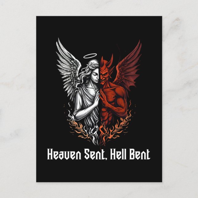 Angel and Devil Half Heaven Sent Hell Bent Holiday Postcard (Front)